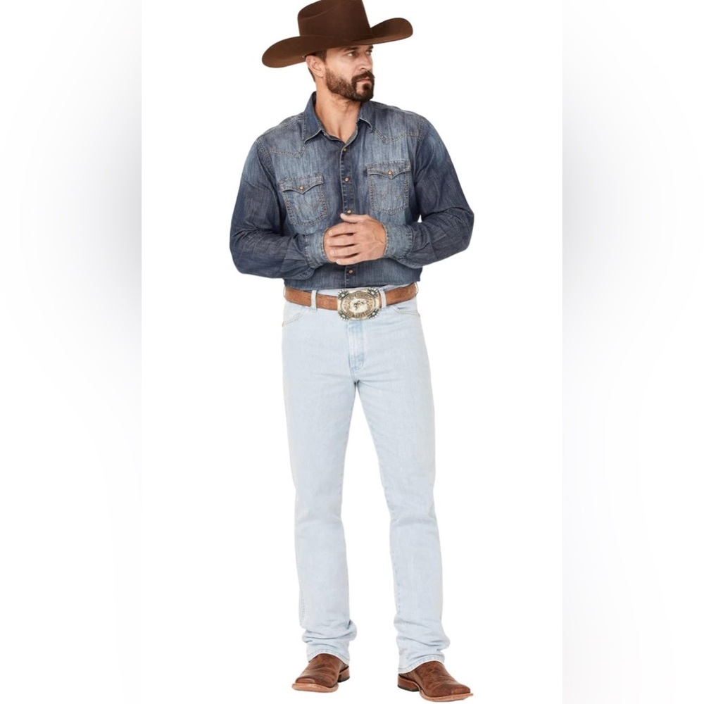 NWT Wrangler Mens Cowboy Cut Active Flex Slim Fit light wash/bleach Jeans 35x34